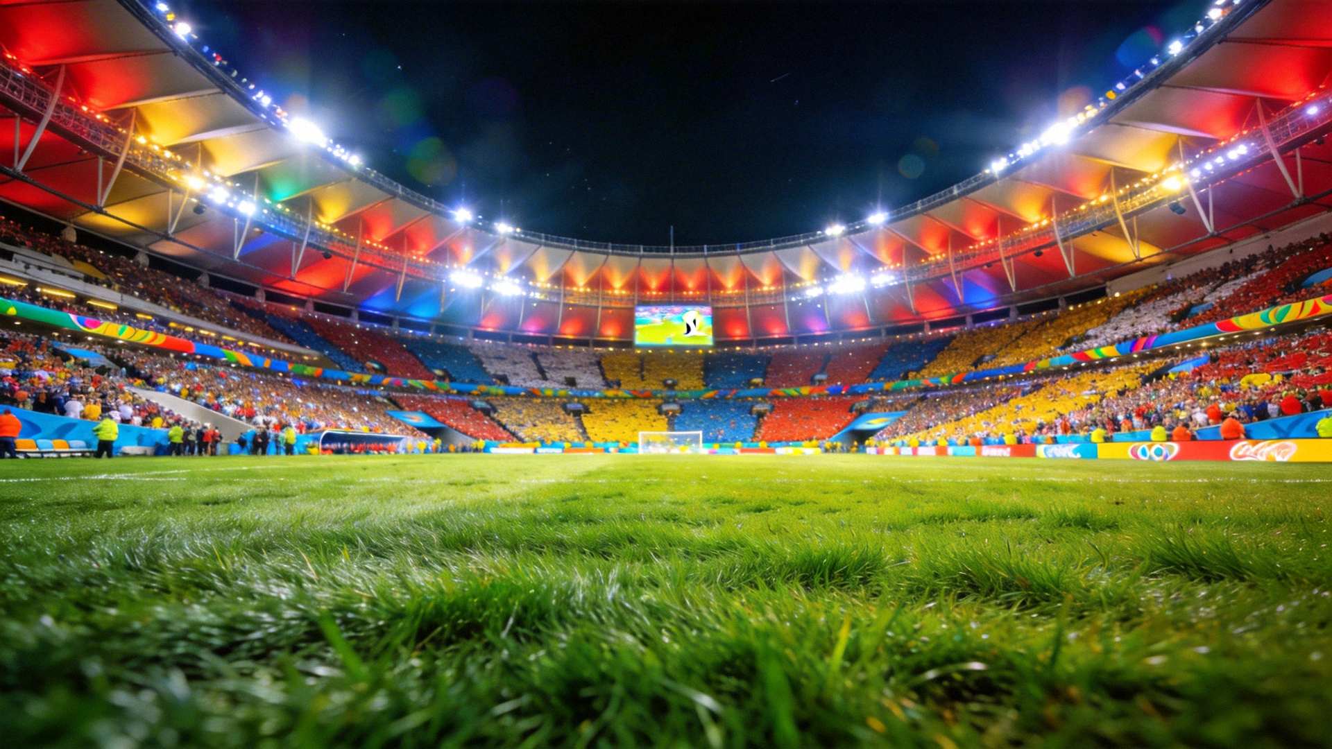 世界杯体育场全景，观众席座无虚席，绿茵场灯光璀璨